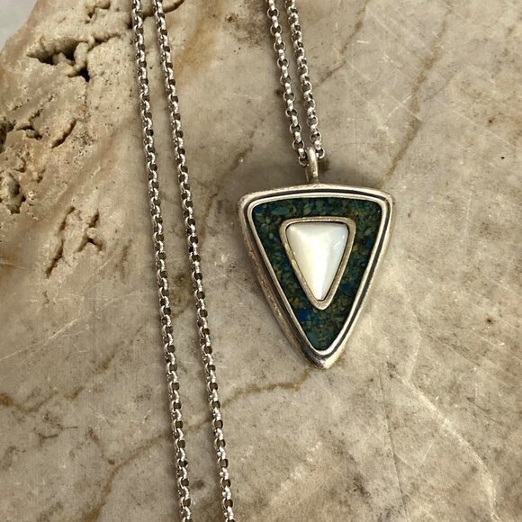 Sterling Silver 925 Relios Carolyn Pollack Green Stone MOP Pendant Necklace 18" - Picture 12 of 16